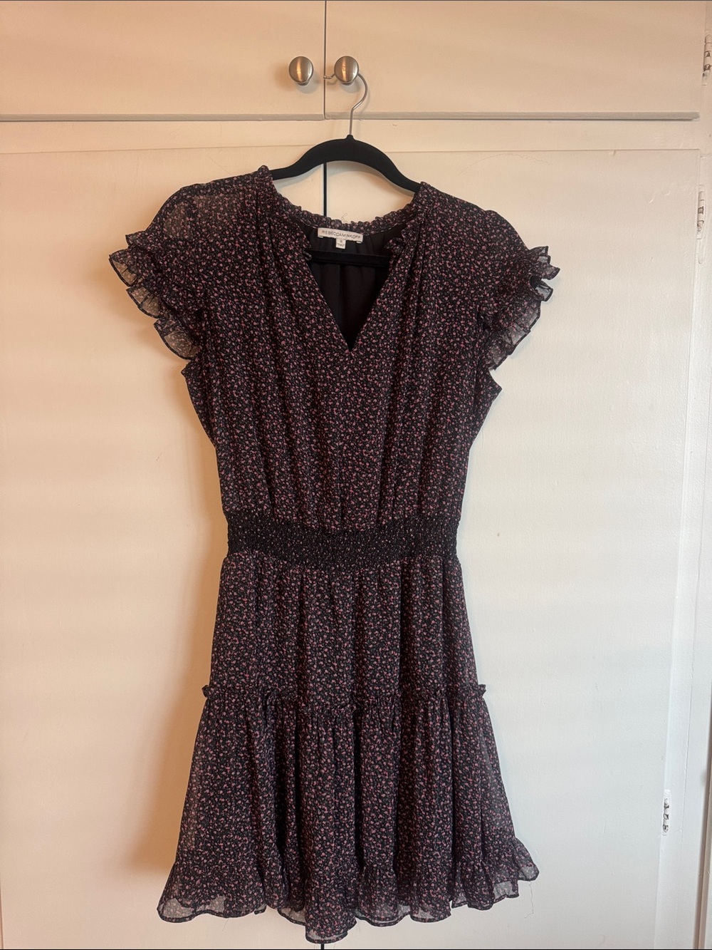 Rebecca Minkoff Dark Floral Ruffle Mini Dress - Black with Pink Accents